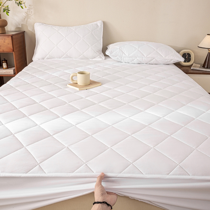 91家纺网 家纺一手货源 找家纺 憨豆家纺 2025新款水洗棉磨毛夹棉床笠四季床垫褥子床护垫薄款学生宿舍榻榻米垫被跨境加棉保护垫升级床笠款-白色