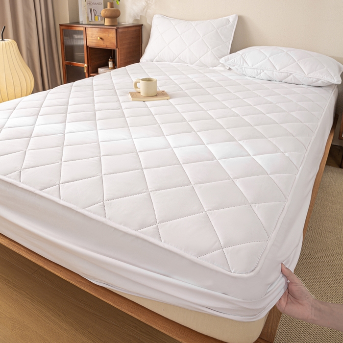 91家纺网 家纺一手货源 找家纺 憨豆家纺 2025新款水洗棉磨毛夹棉床笠四季床垫褥子床护垫薄款学生宿舍榻榻米垫被跨境加棉保护垫升级床笠款-白色