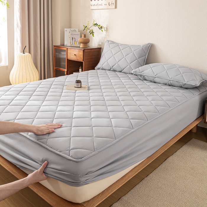 91家纺网 家纺一手货源 找家纺 憨豆家纺 2025新款水洗棉磨毛夹棉床笠四季床垫褥子床护垫薄款学生宿舍榻榻米垫被跨境加棉保护垫升级床笠款-灰色