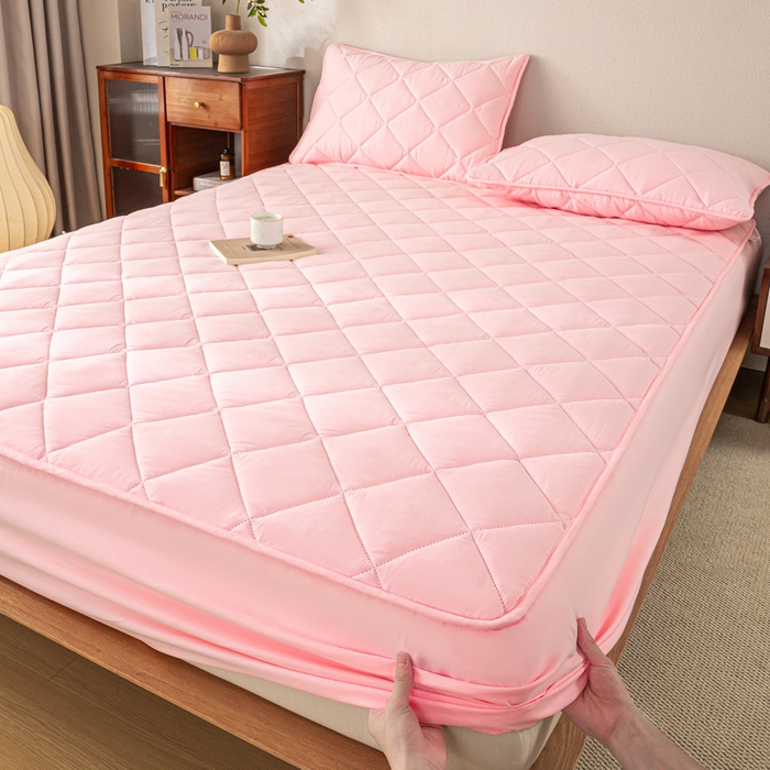 91家纺网 家纺一手货源 找家纺 憨豆家纺 2025新款水洗棉磨毛夹棉床笠四季床垫褥子床护垫薄款学生宿舍榻榻米垫被跨境加棉保护垫升级床笠款-粉色