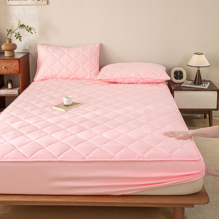 91家纺网 家纺一手货源 找家纺 憨豆家纺 2025新款水洗棉磨毛夹棉床笠四季床垫褥子床护垫薄款学生宿舍榻榻米垫被跨境加棉保护垫升级床笠款-粉色