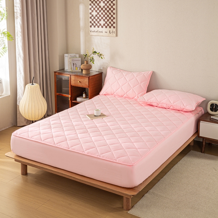 91家纺网 家纺一手货源 找家纺 憨豆家纺 2025新款水洗棉磨毛夹棉床笠四季床垫褥子床护垫薄款学生宿舍榻榻米垫被跨境加棉保护垫升级床笠款-粉色