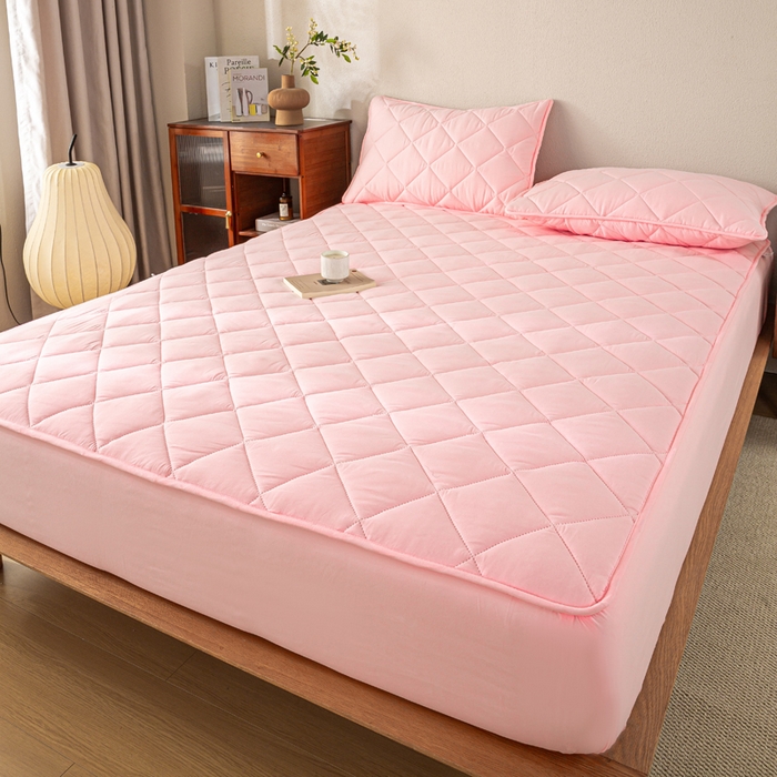 91家纺网 家纺一手货源 找家纺 憨豆家纺 2025新款水洗棉磨毛夹棉床笠四季床垫褥子床护垫薄款学生宿舍榻榻米垫被跨境加棉保护垫升级床笠款-粉色