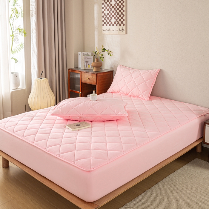 91家纺网 家纺一手货源 找家纺 憨豆家纺 2025新款水洗棉磨毛夹棉床笠四季床垫褥子床护垫薄款学生宿舍榻榻米垫被跨境加棉保护垫升级床笠款-粉色