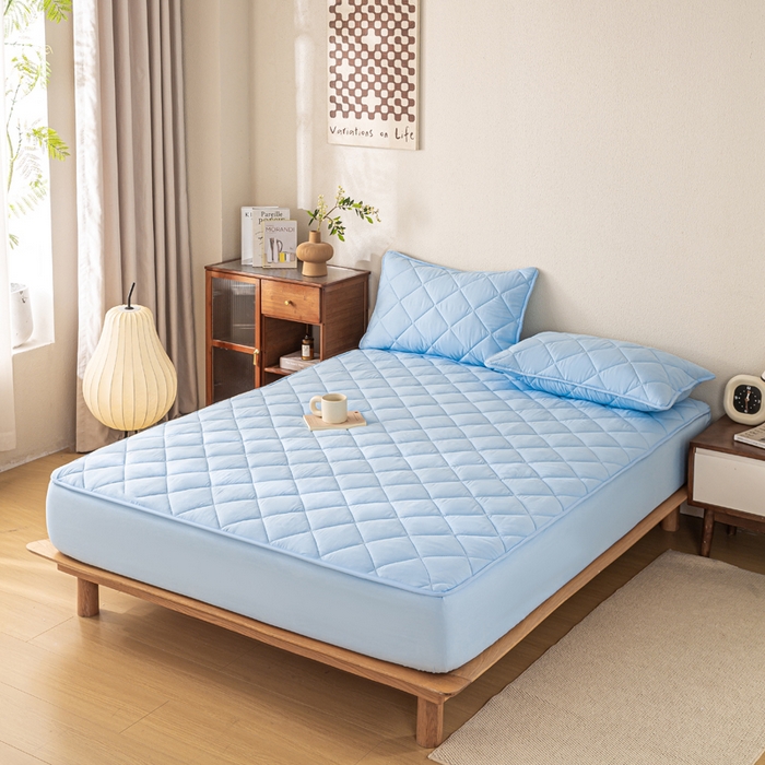 91家纺网 家纺一手货源 找家纺 憨豆家纺 2025新款水洗棉磨毛夹棉床笠四季床垫褥子床护垫薄款学生宿舍榻榻米垫被跨境加棉保护垫升级床笠款-蓝色