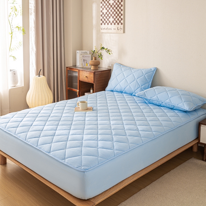 91家纺网 家纺一手货源 找家纺 憨豆家纺 2025新款水洗棉磨毛夹棉床笠四季床垫褥子床护垫薄款学生宿舍榻榻米垫被跨境加棉保护垫升级床笠款-蓝色
