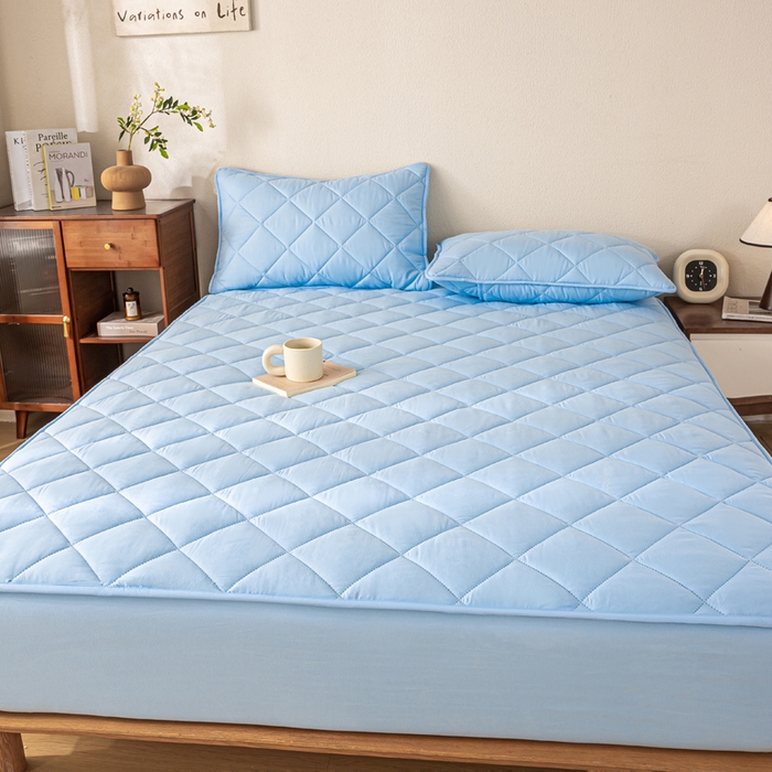 91家纺网 家纺一手货源 找家纺 憨豆家纺 2025新款水洗棉磨毛夹棉床笠四季床垫褥子床护垫薄款学生宿舍榻榻米垫被跨境加棉保护垫升级床笠款-蓝色