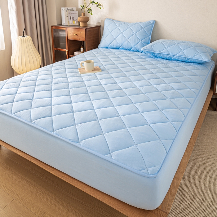 91家纺网 家纺一手货源 找家纺 憨豆家纺 2025新款水洗棉磨毛夹棉床笠四季床垫褥子床护垫薄款学生宿舍榻榻米垫被跨境加棉保护垫升级床笠款-蓝色