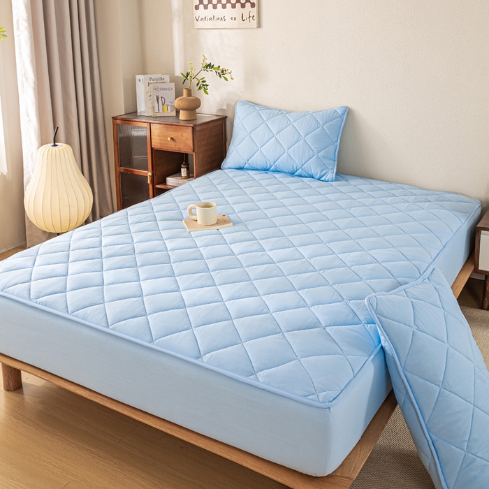 91家纺网 家纺一手货源 找家纺 憨豆家纺 2025新款水洗棉磨毛夹棉床笠四季床垫褥子床护垫薄款学生宿舍榻榻米垫被跨境加棉保护垫升级床笠款-蓝色