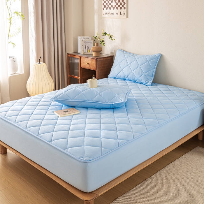 91家纺网 家纺一手货源 找家纺 憨豆家纺 2025新款水洗棉磨毛夹棉床笠四季床垫褥子床护垫薄款学生宿舍榻榻米垫被跨境加棉保护垫升级床笠款-蓝色