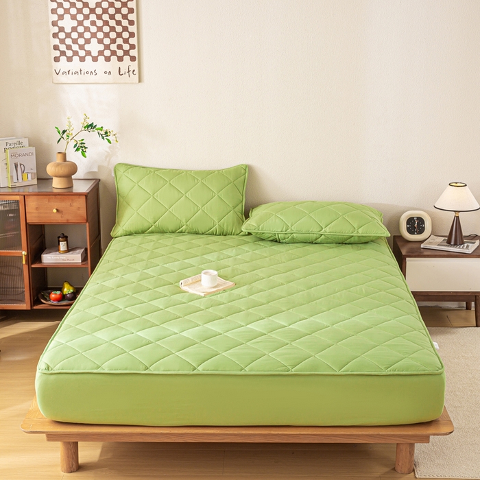 91家纺网 家纺一手货源 找家纺 憨豆家纺 2025新款水洗棉磨毛夹棉床笠四季床垫褥子床护垫薄款学生宿舍榻榻米垫被跨境加棉保护垫升级床笠款-绿色