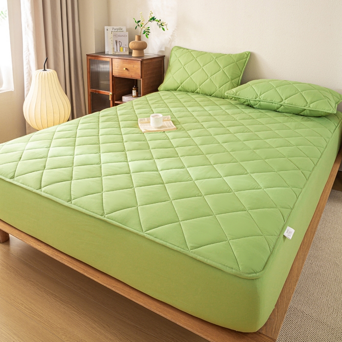 91家纺网 家纺一手货源 找家纺 憨豆家纺 2025新款水洗棉磨毛夹棉床笠四季床垫褥子床护垫薄款学生宿舍榻榻米垫被跨境加棉保护垫升级床笠款-绿色