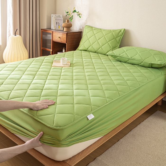91家纺网 家纺一手货源 找家纺 憨豆家纺 2025新款水洗棉磨毛夹棉床笠四季床垫褥子床护垫薄款学生宿舍榻榻米垫被跨境加棉保护垫升级床笠款-绿色