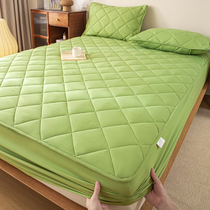 91家纺网 家纺一手货源 找家纺 憨豆家纺 2025新款水洗棉磨毛夹棉床笠四季床垫褥子床护垫薄款学生宿舍榻榻米垫被跨境加棉保护垫升级床笠款-绿色