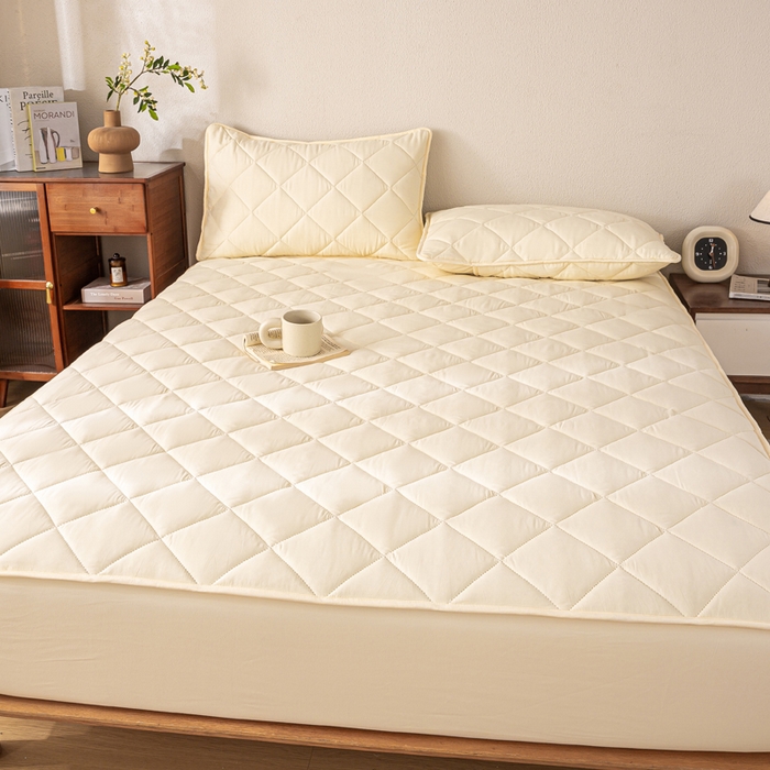 91家纺网 家纺一手货源 找家纺 憨豆家纺 2025新款水洗棉磨毛夹棉床笠四季床垫褥子床护垫薄款学生宿舍榻榻米垫被跨境加棉保护垫升级床笠款-米白