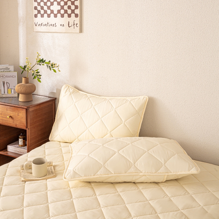 91家纺网 家纺一手货源 找家纺 憨豆家纺 2025新款水洗棉磨毛夹棉床笠四季床垫褥子床护垫薄款学生宿舍榻榻米垫被跨境加棉保护垫升级床笠款-米白