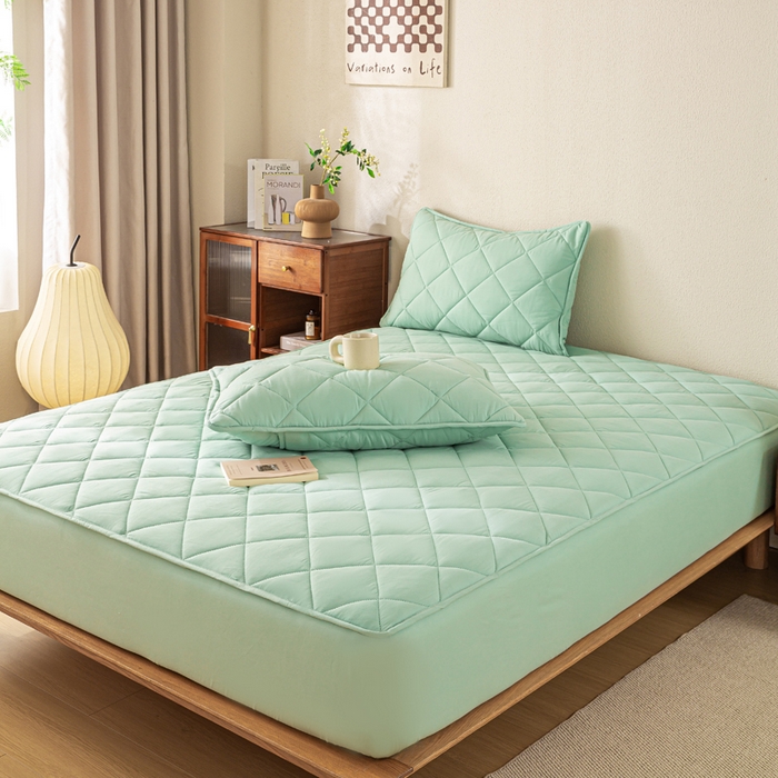 91家纺网 家纺一手货源 找家纺 憨豆家纺 2025新款水洗棉磨毛夹棉床笠四季床垫褥子床护垫薄款学生宿舍榻榻米垫被跨境加棉保护垫升级床笠款-青色