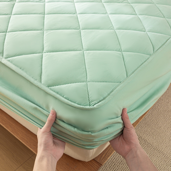 91家纺网 家纺一手货源 找家纺 憨豆家纺 2025新款水洗棉磨毛夹棉床笠四季床垫褥子床护垫薄款学生宿舍榻榻米垫被跨境加棉保护垫升级床笠款-青色