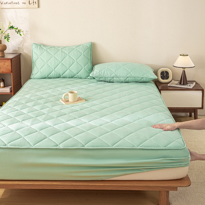 91家纺网 家纺一手货源 找家纺 憨豆家纺 2025新款水洗棉磨毛夹棉床笠四季床垫褥子床护垫薄款学生宿舍榻榻米垫被跨境加棉保护垫升级床笠款-青色