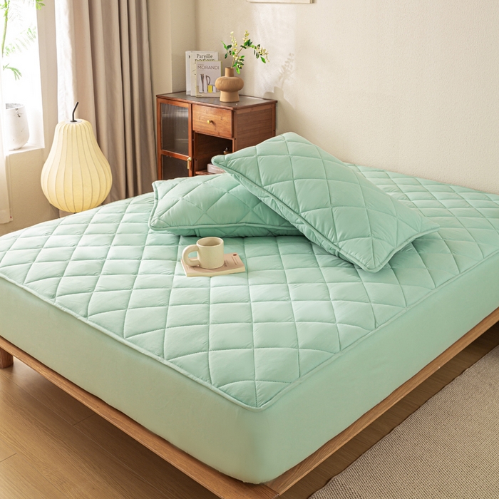91家纺网 家纺一手货源 找家纺 憨豆家纺 2025新款水洗棉磨毛夹棉床笠四季床垫褥子床护垫薄款学生宿舍榻榻米垫被跨境加棉保护垫升级床笠款-青色