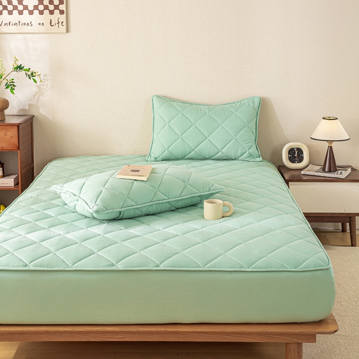 91家纺网 家纺一手货源 找家纺 憨豆家纺 2025新款水洗棉磨毛夹棉床笠四季床垫褥子床护垫薄款学生宿舍榻榻米垫被跨境加棉保护垫升级床笠款-青色