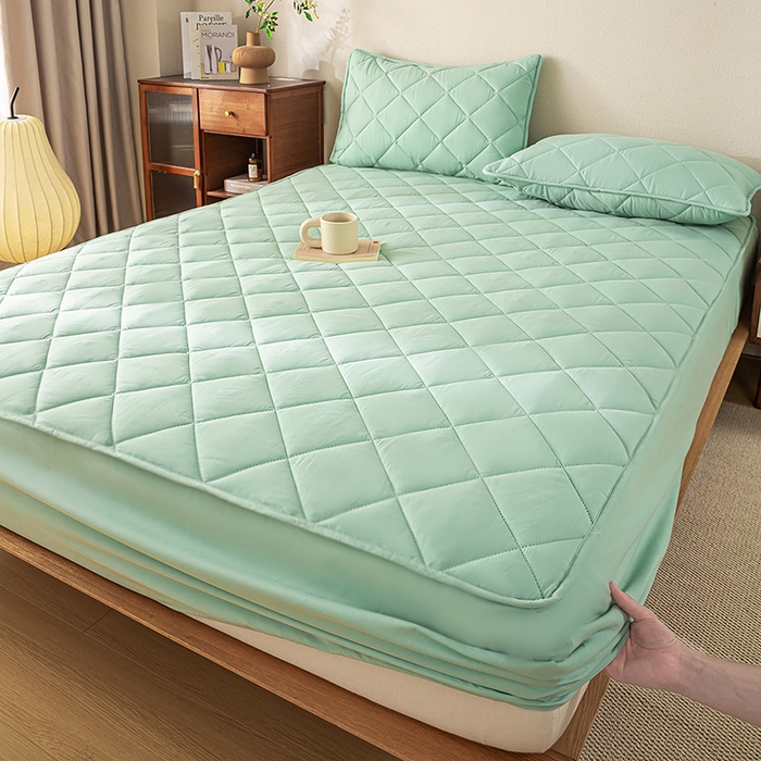 91家纺网 家纺一手货源 找家纺 憨豆家纺 2025新款水洗棉磨毛夹棉床笠四季床垫褥子床护垫薄款学生宿舍榻榻米垫被跨境加棉保护垫升级床笠款-青色