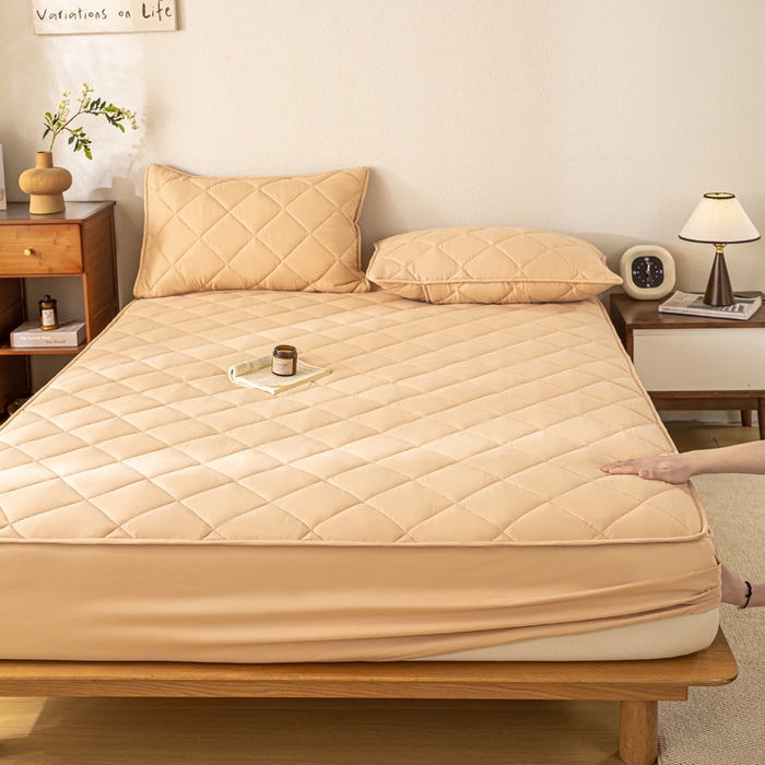 91家纺网 家纺一手货源 找家纺 憨豆家纺 2025新款水洗棉磨毛夹棉床笠四季床垫褥子床护垫薄款学生宿舍榻榻米垫被跨境加棉保护垫升级床笠款-棕黄色