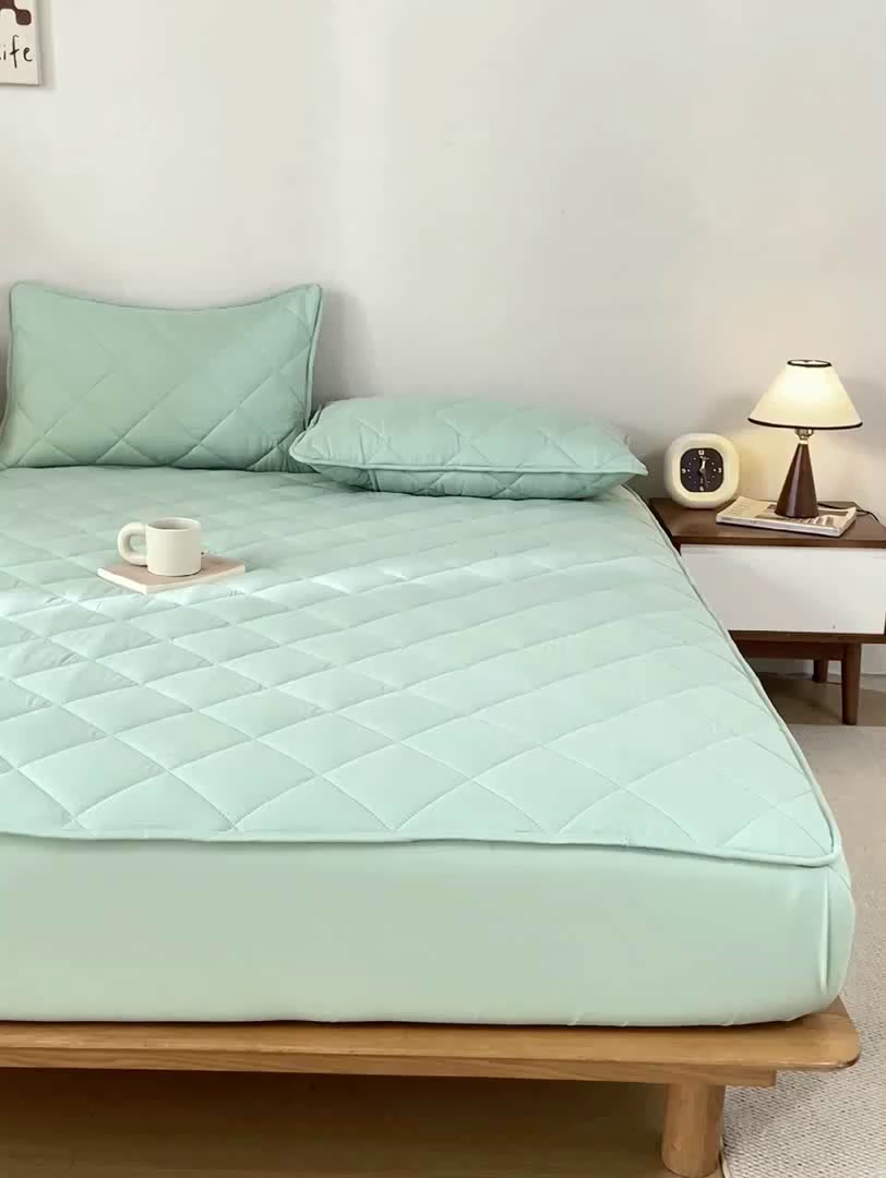 91家纺网 家纺一手货源 找家纺 憨豆家纺 2025新款水洗棉磨毛夹棉床笠四季床垫褥子床护垫薄款学生宿舍榻榻米垫被跨境加棉保护垫升级床笠款-青色