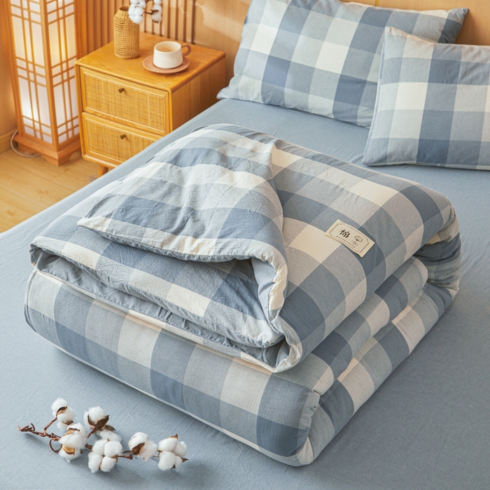 91家纺网 家纺一手货源 找家纺 爱屋及屋 2025新款水洗棉可拆洗棉花被被子被芯 蓝中格