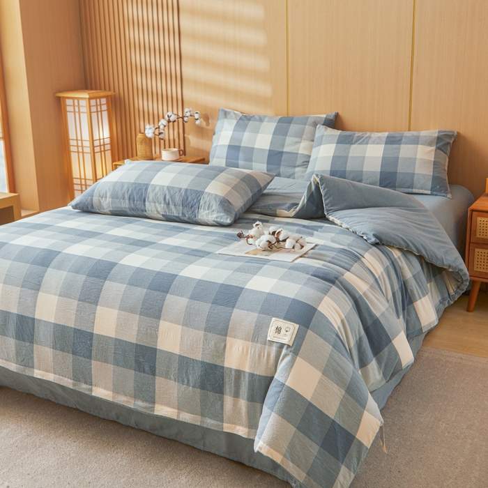 91家纺网 家纺一手货源 找家纺 爱屋及屋 2025新款水洗棉可拆洗棉花被被子被芯 蓝中格