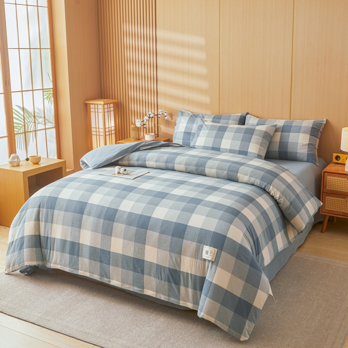 91家纺网 家纺一手货源 找家纺 爱屋及屋 2025新款水洗棉可拆洗棉花被被子被芯 蓝中格