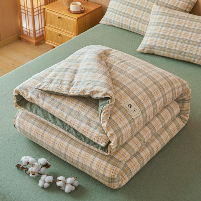 91家纺网 家纺一手货源 找家纺 爱屋及屋 2025新款水洗棉可拆洗棉花被被子被芯 翠绿格