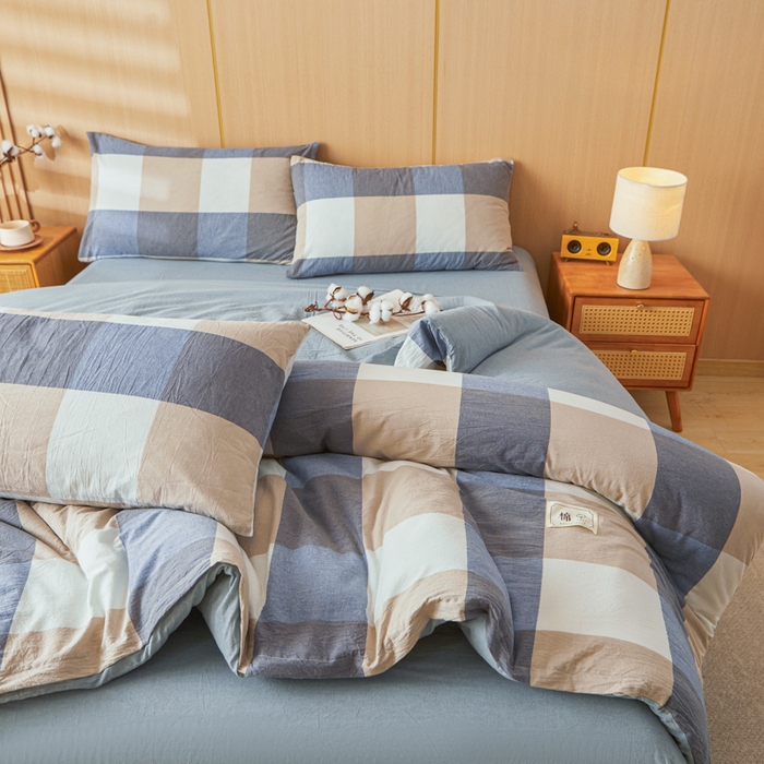 91家纺网 家纺一手货源 找家纺 爱屋及屋 2025新款水洗棉可拆洗棉花被被子被芯 蓝咖大格