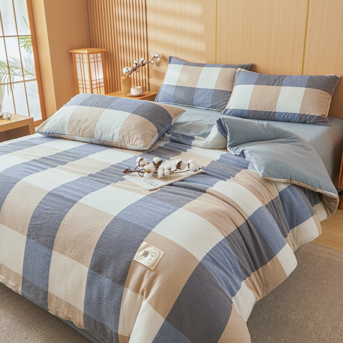 91家纺网 家纺一手货源 找家纺 爱屋及屋 2025新款水洗棉可拆洗棉花被被子被芯 蓝咖大格