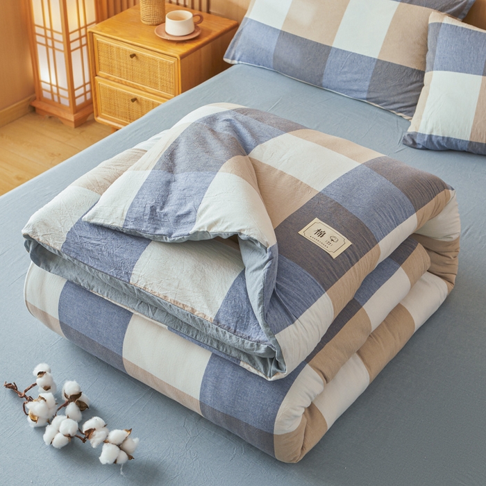 91家纺网 家纺一手货源 找家纺 爱屋及屋 2025新款水洗棉可拆洗棉花被被子被芯 蓝咖大格