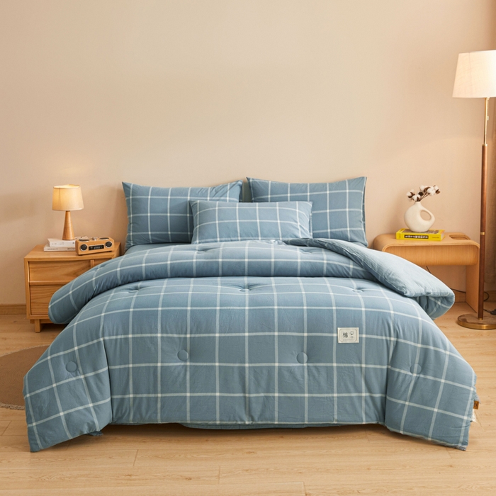 91家纺网 家纺一手货源 找家纺 爱屋及屋 2025新款无印风水洗棉棉花冬被被子被芯 海蓝大格