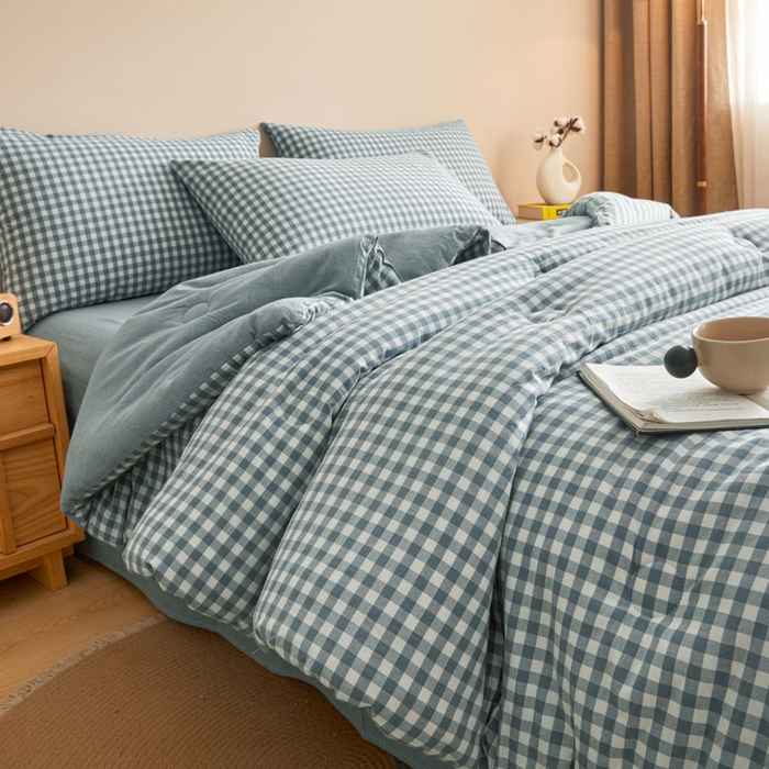 91家纺网 家纺一手货源 找家纺 爱屋及屋 2025新款无印风水洗棉棉花冬被被子被芯 蓝小格