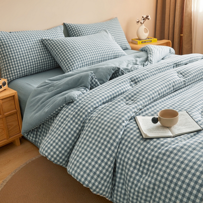 91家纺网 家纺一手货源 找家纺 爱屋及屋 2025新款无印风水洗棉棉花冬被被子被芯 蓝小格