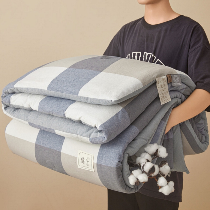 91家纺网 家纺一手货源 找家纺 爱屋及屋 2025新款无印风水洗棉棉花冬被被子被芯 蓝咖大格