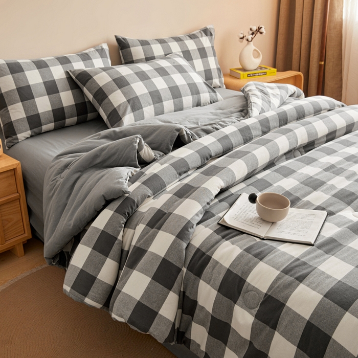 91家纺网 家纺一手货源 找家纺 爱屋及屋 2025新款无印风水洗棉棉花冬被被子被芯 灰中格