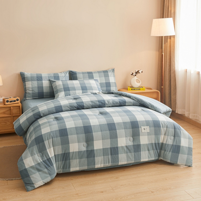 91家纺网 家纺一手货源 找家纺 爱屋及屋 2025新款无印风水洗棉棉花冬被被子被芯 蓝中格