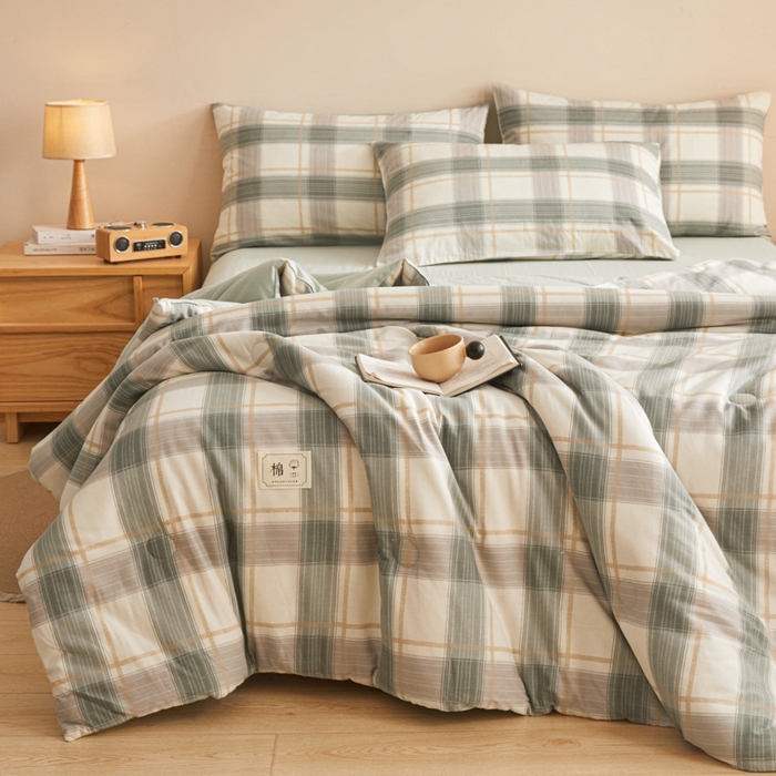 91家纺网 家纺一手货源 找家纺 爱屋及屋 2025新款无印风水洗棉棉花冬被被子被芯 韵绿条纹