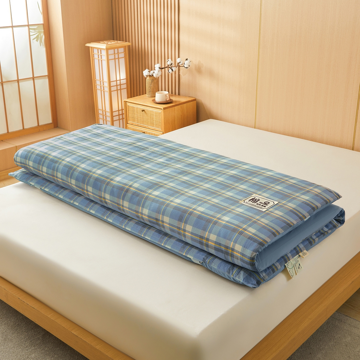 91家纺网 家纺一手货源 找家纺 晓时候 20252新款可拆洗新疆棉花床垫被褥子学生宿舍亲肤水洗棉棉花床垫-家用款 格韵-蓝