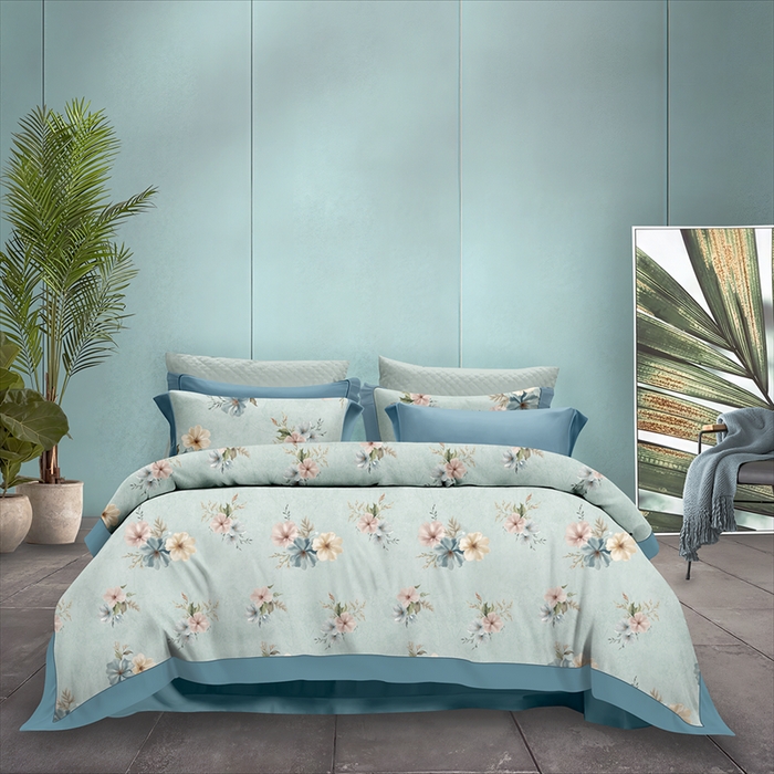 91家纺网 家纺一手货源 找家纺 纯色雨家纺 2025新款全棉斜纹跨境日韩欧美纯棉四件套数码印花南通家纺面料尺寸花型可定制 青釉花事