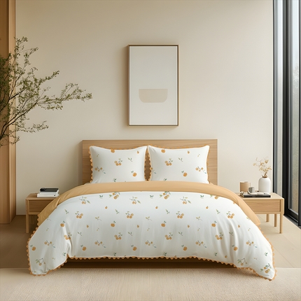 91家纺网 家纺一手货源 找家纺 纯色雨家纺 2025新款全棉斜纹跨境日韩欧美纯棉四件套数码印花南通家纺面料尺寸花型可定制 吉柿相伴