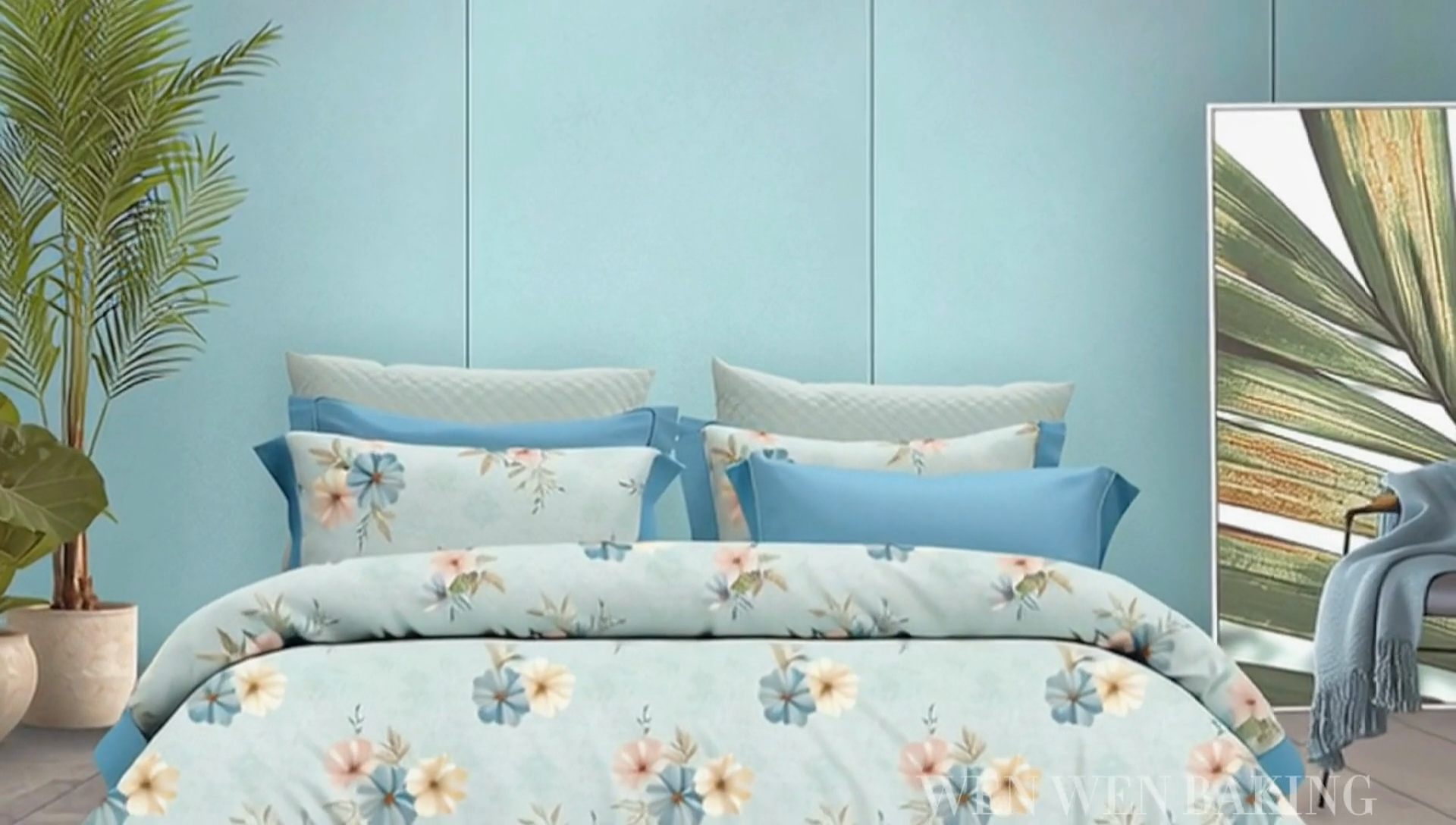 91家纺网 家纺一手货源 找家纺 纯色雨家纺 2025新款全棉斜纹跨境日韩欧美纯棉四件套数码印花南通家纺面料尺寸花型可定制 青釉花事