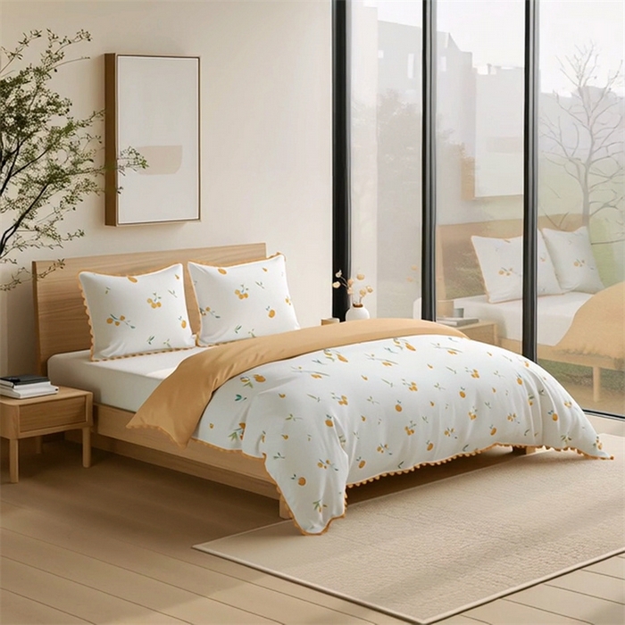 91家纺网 家纺一手货源 找家纺 纯色雨家纺 2025新款全棉斜纹跨境日韩欧美纯棉四件套数码印花南通家纺面料尺寸花型可定制 吉柿相伴