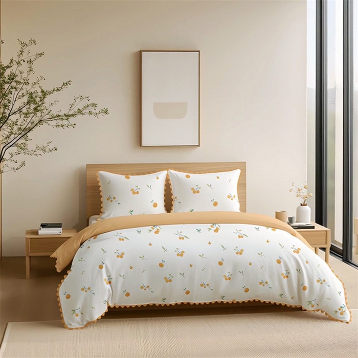 91家纺网 家纺一手货源 找家纺 纯色雨家纺 2025新款全棉斜纹跨境日韩欧美纯棉四件套数码印花南通家纺面料尺寸花型可定制 吉柿相伴