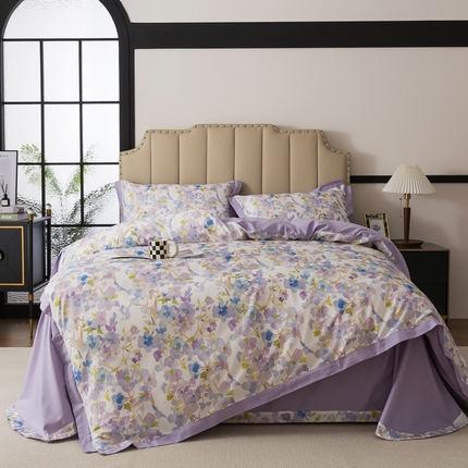 91家纺网 家纺一手货源 找家纺 （总）纯色雨家纺 2025新款全棉斜纹纯棉四件套数码印花中高端套件-紫堇生花