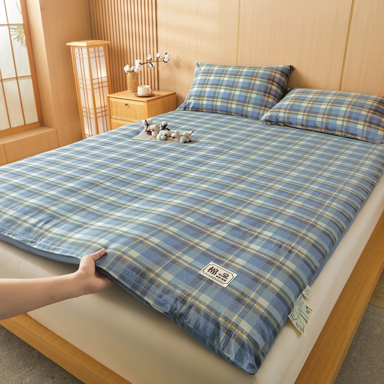 91家纺网 家纺一手货源 找家纺 晓时候 20252新款可拆洗新疆棉花床垫被褥子学生宿舍亲肤水洗棉棉花床垫-家用款 格韵-蓝